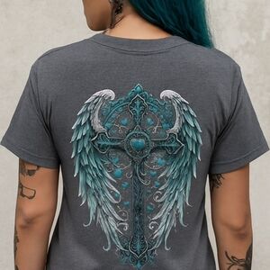 Edgy Faith Cross & Angel Wings Tee Gray Graphic Top